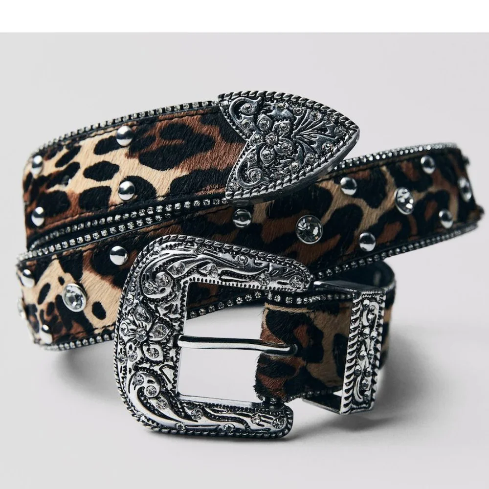 Zara Leather And Rhinestone Animal Print Belt NWT